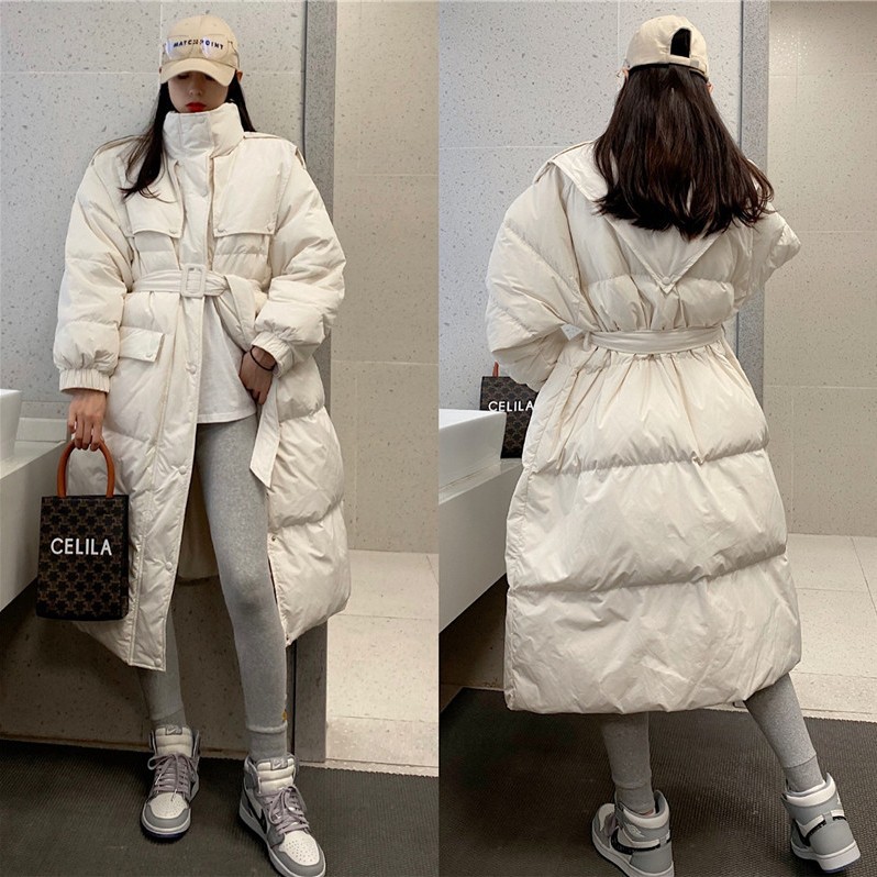中长款羽绒服女2023冬季新款立领收腰斗篷加厚白鸭绒过膝修身外套