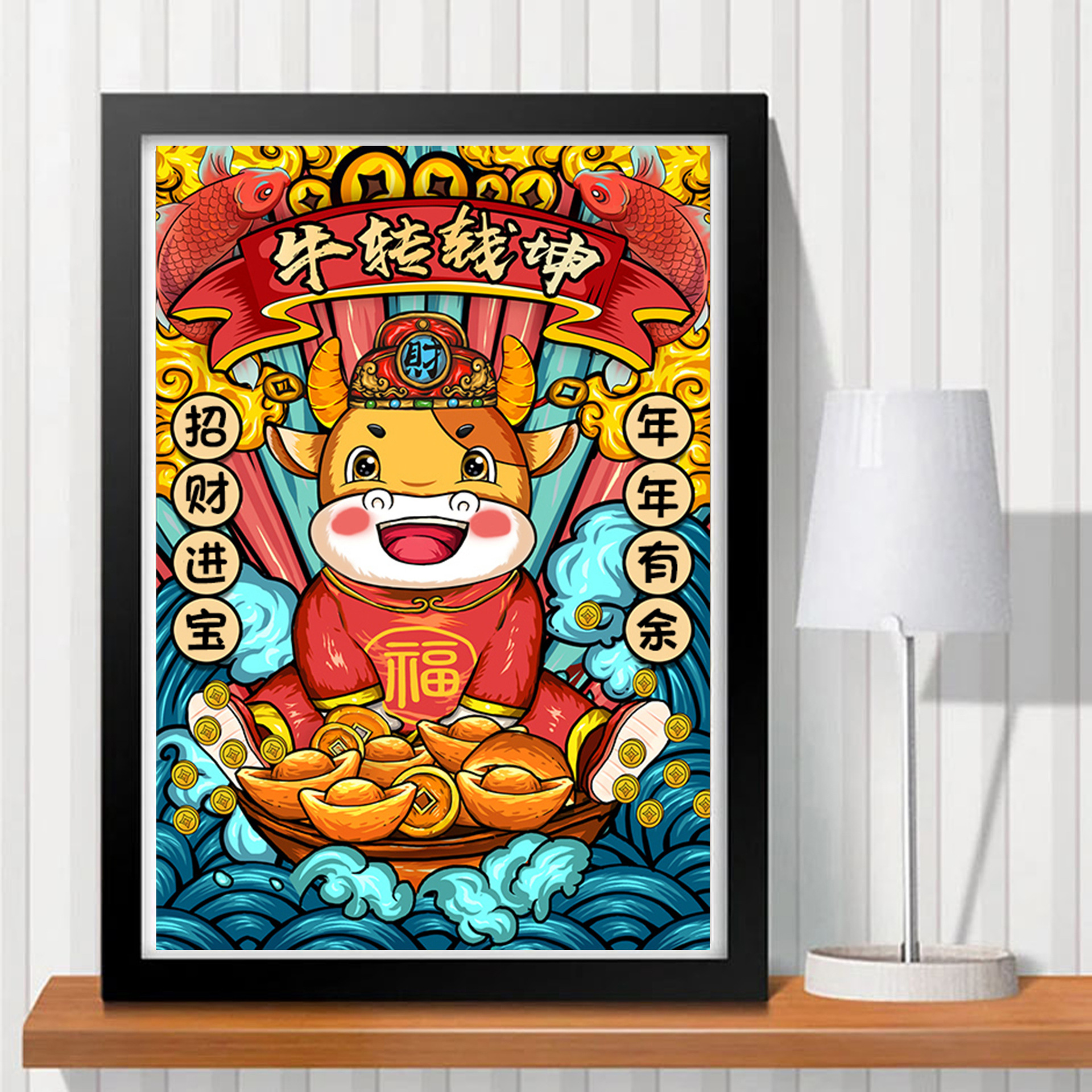 刺绣画牛