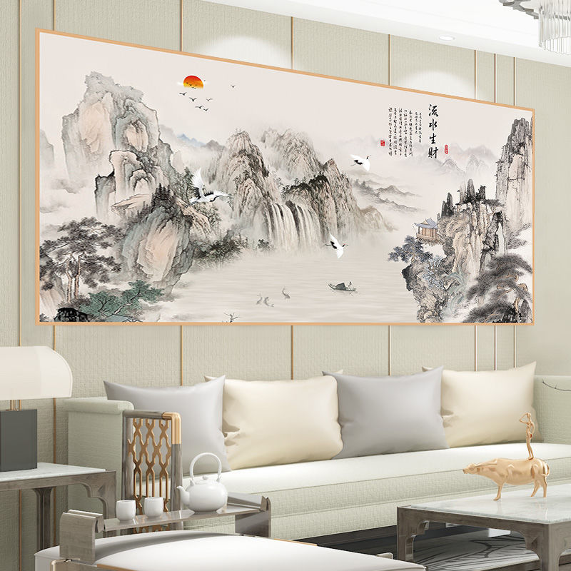 新中式国画客厅沙发背景墙字画办公室山水画靠山图招财装饰画粘画
