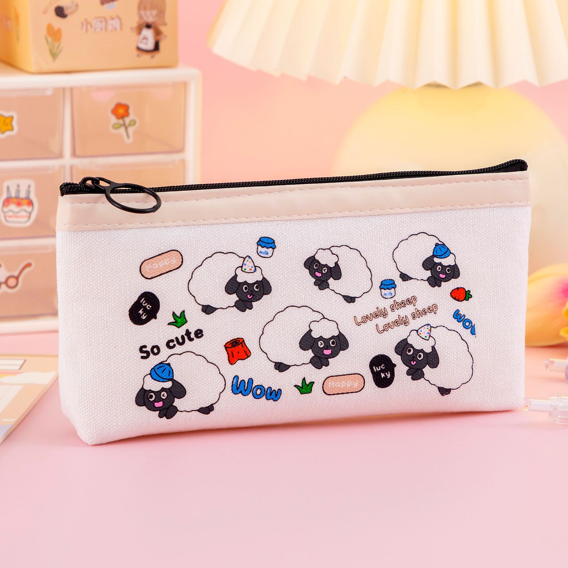 Casual Canvas Zipper Bag Lamb Student Pencil Case Cotton Makeup Canvas Coin Purse Buggy Bag Wholesale