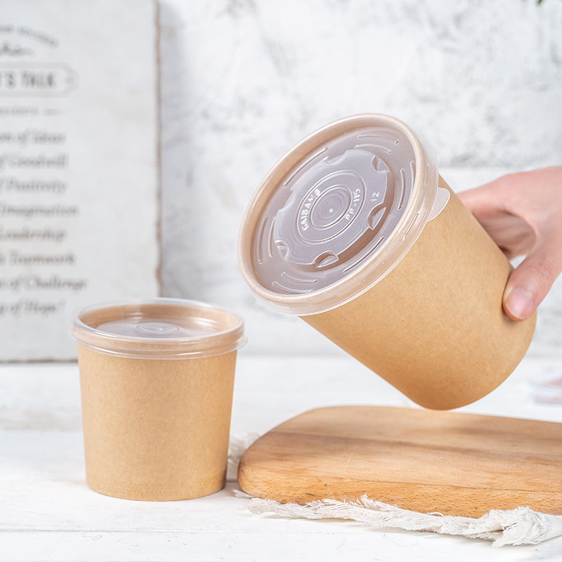 一次性牛皮纸汤桶甜品纸碗圆形带盖外卖粥桶快餐盒打包盒汤碗汤杯