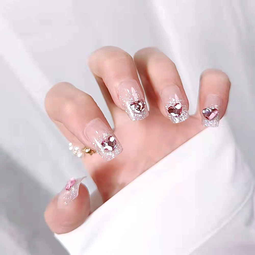 中长款闪耀钻石爆闪粉爱心钻美甲假指甲成品美甲贴片穿戴甲甲片