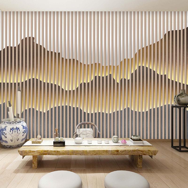 新中式木格栅壁纸假山装饰木条背景墙茶艺茶叶直播间茶馆茶室墙纸
