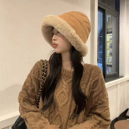 Autumn and Winter Thickening Plush Warm Fisherman Hat Women's Cold-Proof Windproof Earflaps Bucket Hat Northern Winter Curling Mongolian Hat