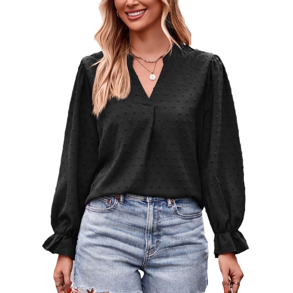 woman clothes Fall 2023 New European and American Foreign Trade Women's Clothing Amazon Jacquard T-shirt V-neck Loose Long Sleeve Umbrella Sleeve Top