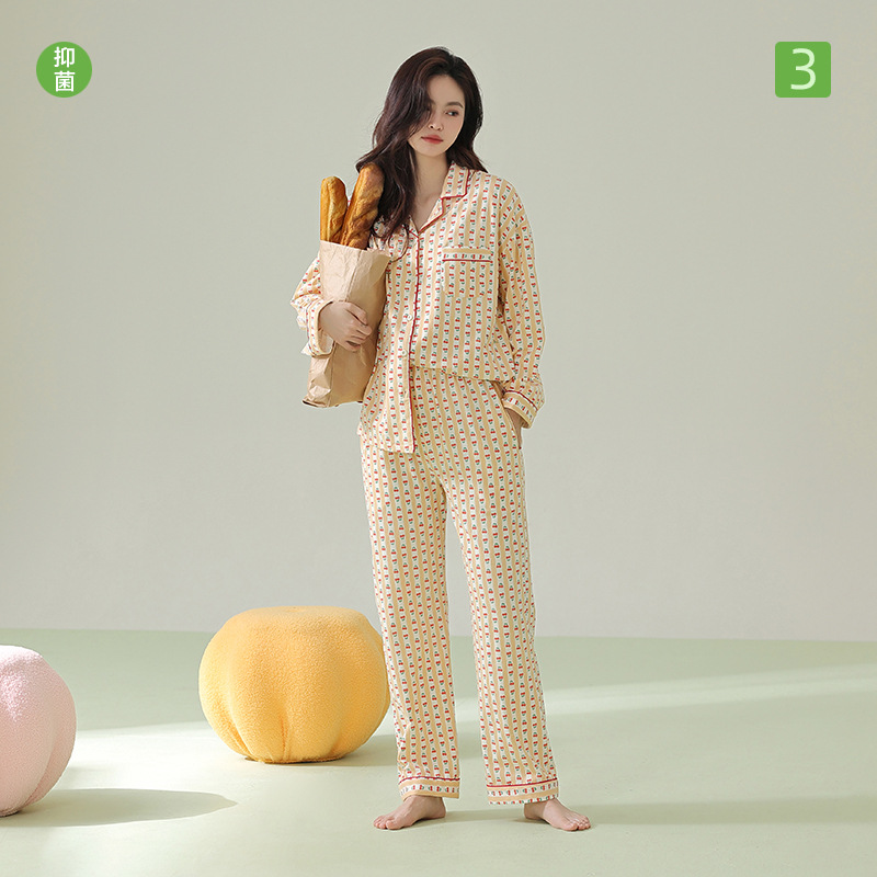 嘉露美 春秋季拉架棉睡衣女长袖新款女士开衫家居服套装 3e3109