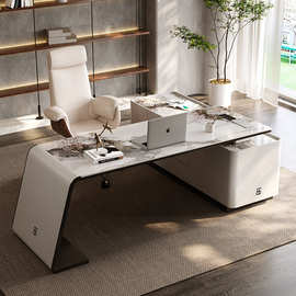 意式极简老板办公桌轻奢现代转角岩板电脑桌高档书房书桌椅总裁桌