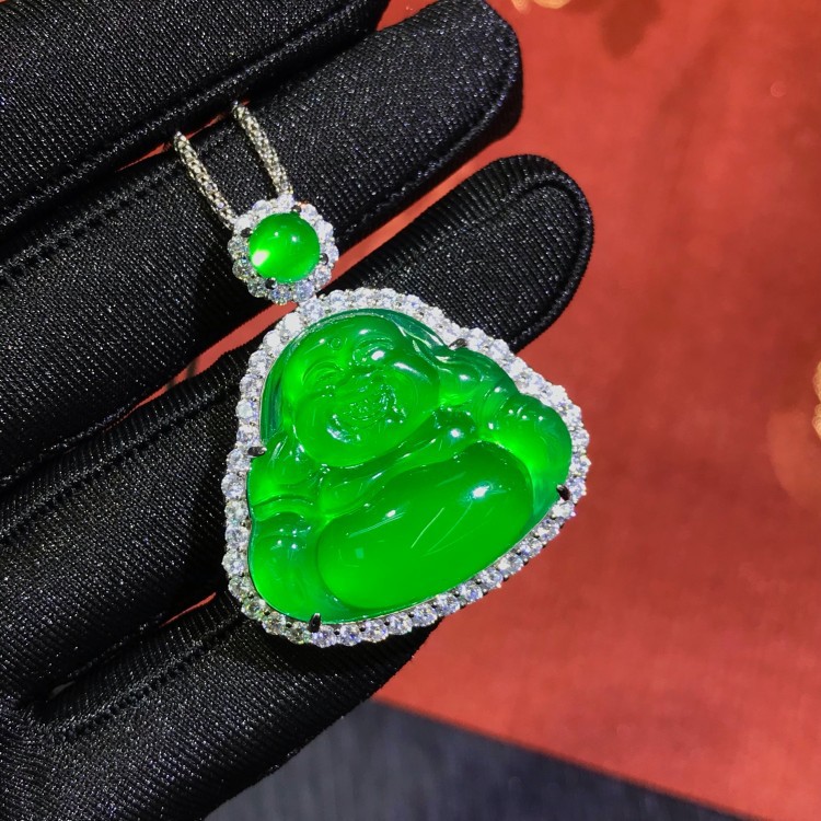通体s925银冰种绿玉髓佛公吊坠弥勒佛玛瑙镶嵌直播选品工厂货源