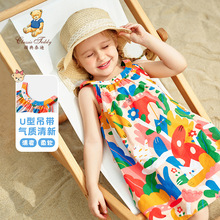 精典泰迪女童裙子夏薄款小童满印连衣裙儿童休闲背带裙涂鸦沙滩裙