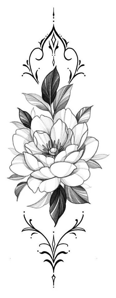 现货批发黑白素描花朵纹身贴暗黑花臂纹身贴纸玫瑰花朵tattoo