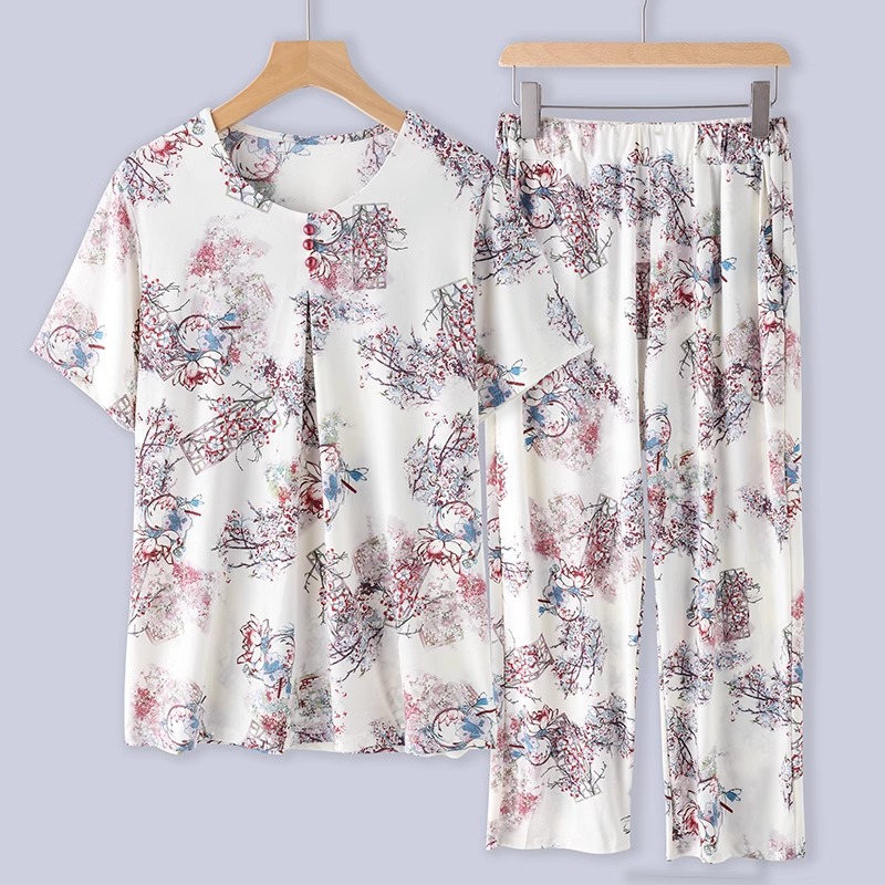 Middle-Aged and Elderly Ice Silk Summer Wear 2024 New Mother Short Sleeve Pajamas Old Lady Thin Cool Home Wear Suit
