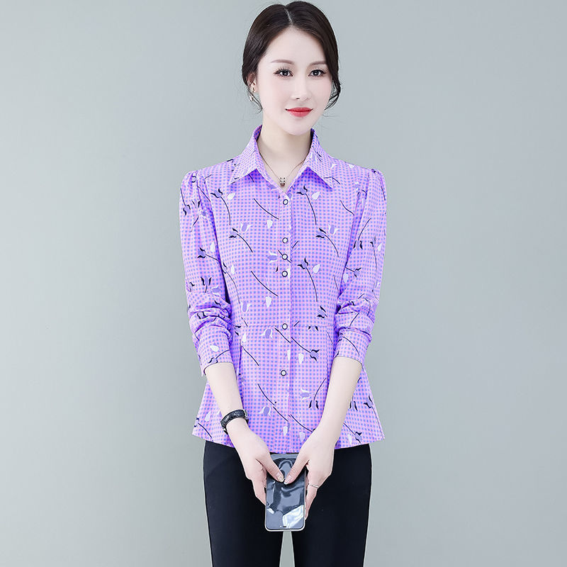 新款碎花衬衫女长袖网红花衬衫韩版修身雪纺衫女衬衣上衣