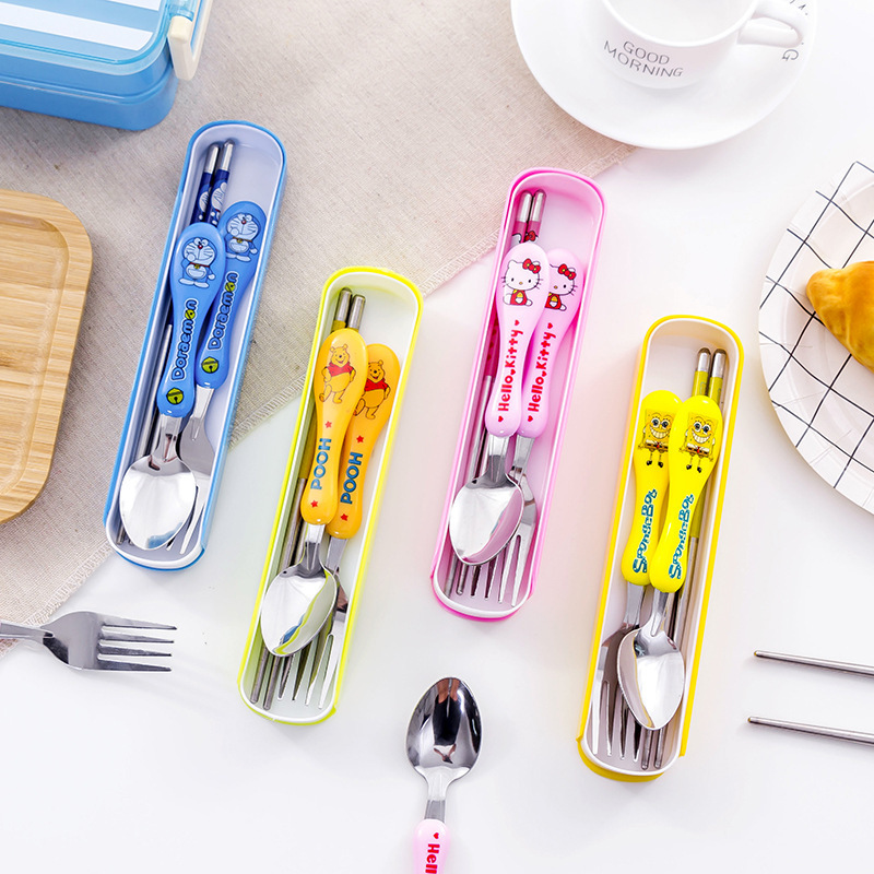 Cartoon Children's Stainless Steel Tableware Three-Piece Set Wholesale Spoon Fork Chopsticks Children's Tableware Set Portable Tableware with Box