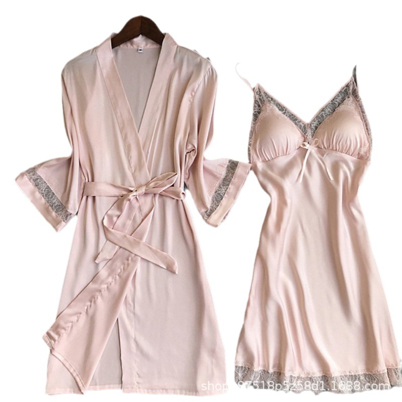 Padded Strap Nightdress Sexy Nightgown Two-Piece Set Lady Sexy Pajamas Artificial Silk Home Wear Wholesale Delivery