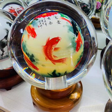 创意摆件内画水晶球书画内画球国风年年有鱼送礼办公桌面水晶球