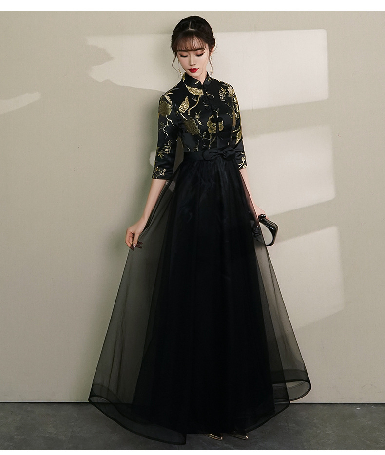 中式小晚礼服2022新款中国风黑色气质长款主持宴会风独唱指挥服女