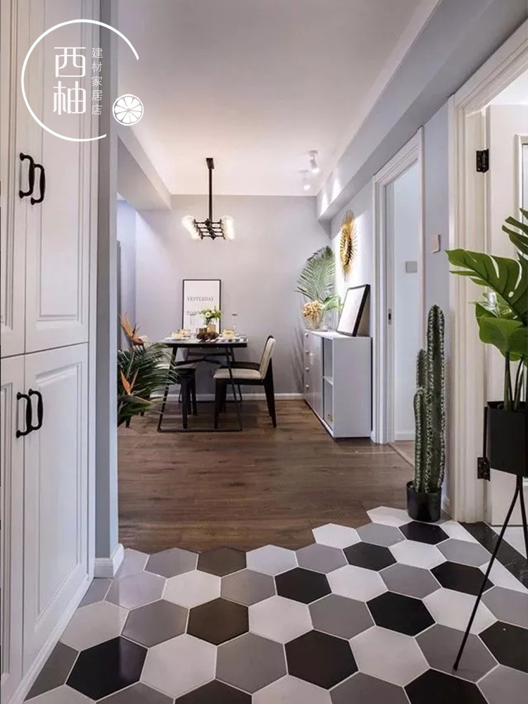 北欧六角砖黑白灰六边形花砖墙砖地砖阳台厨房卫生间背景墙瓷砖