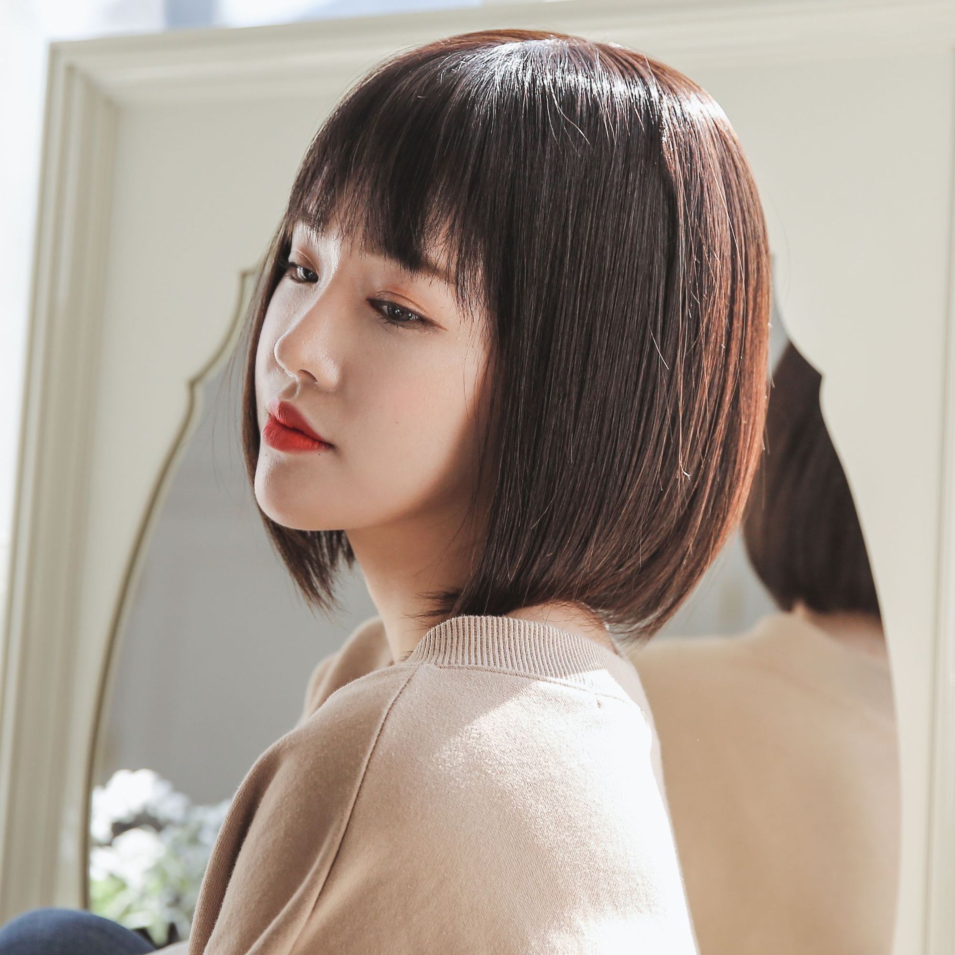 美禾 全真发假发女士头套 bobo头 递针 齐发尾 弹力网 大面积递针