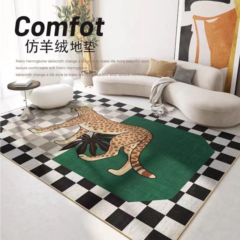 Cross-Border French Retro Living Room Carpet Dark Green Middle and Ancient Chess Board Grid Floor Mat High Sense Ins Style Bedroom Bedside