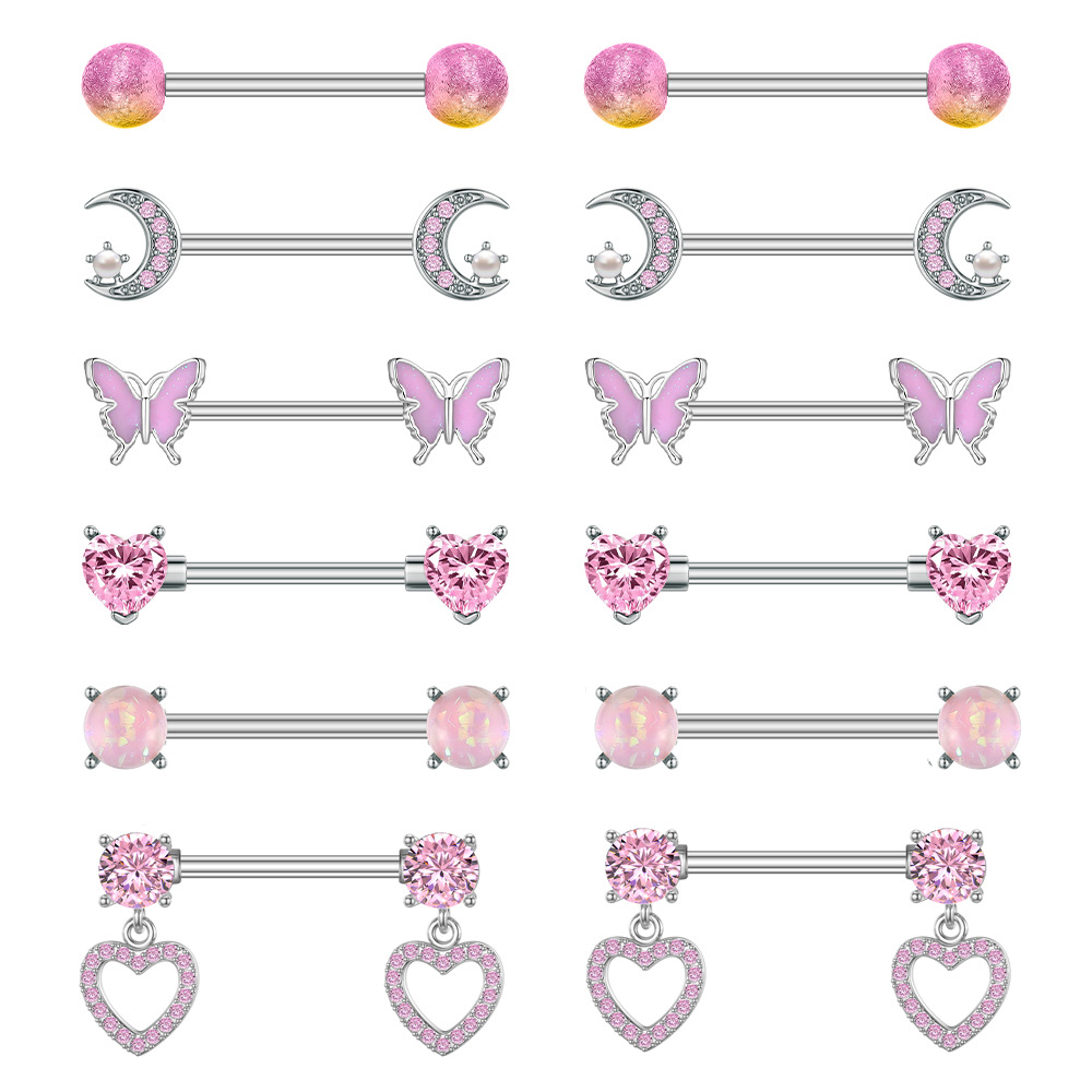 跨境电商新款粉色锆石乳环粉色心形锆石乳钉工厂现货穿刺饰品在线