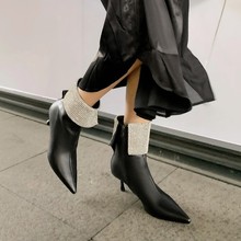 时装靴女士高跟鞋2022秋冬新款小个子瘦瘦女靴尖头细跟水钻短靴