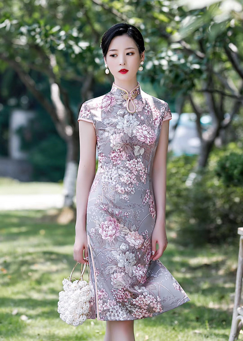 断码处理中长款丝绸旗袍单层 修身显瘦少女连衣裙显瘦礼仪日常