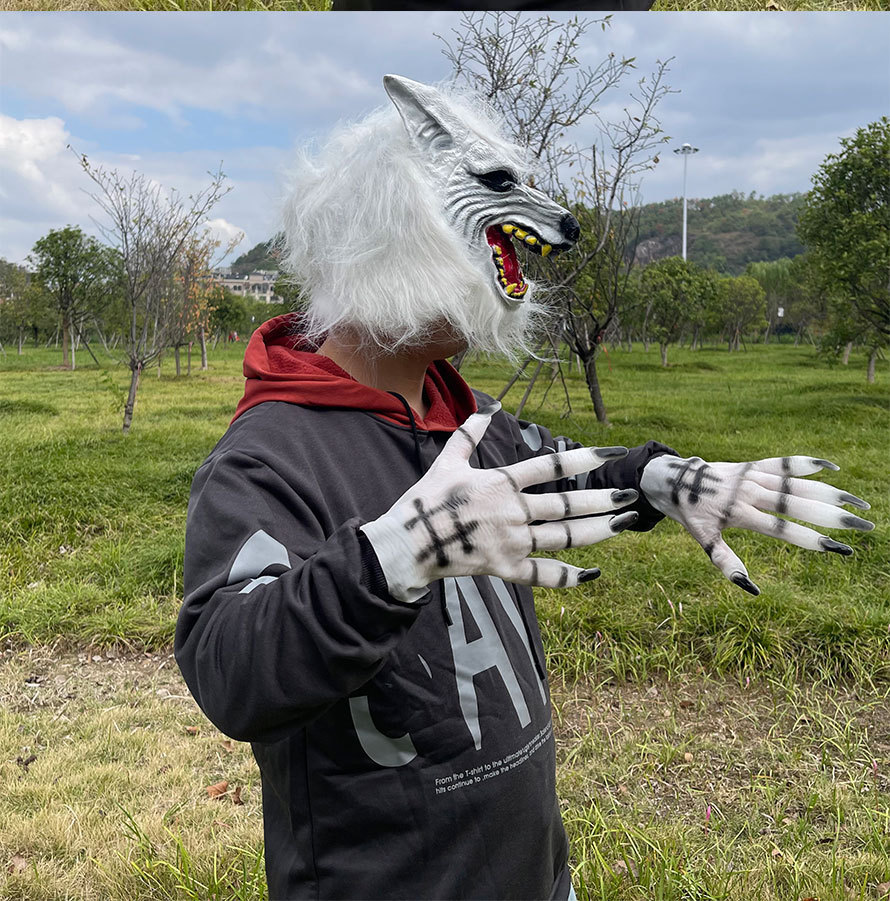 狼人杀面具万圣节狼头面具头套男 狼人乳胶全套面具动物带毛面具