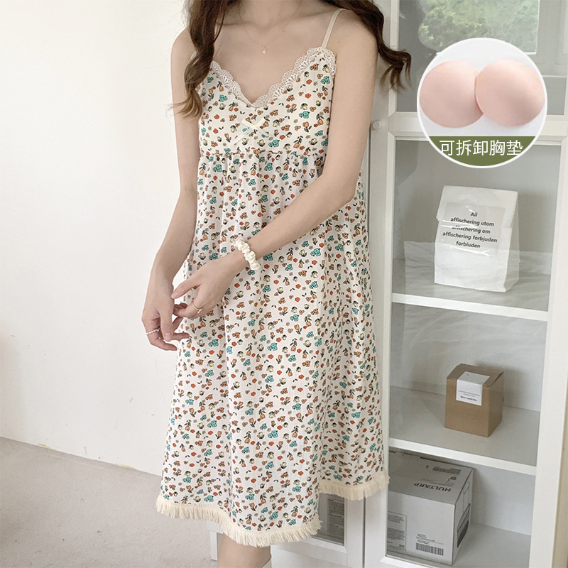 Online Live Summer Bubble Cotton Slip Nightdress Women's Sweet Outer Wear with Chest Pad Home Wear Cross-Border Wholesale