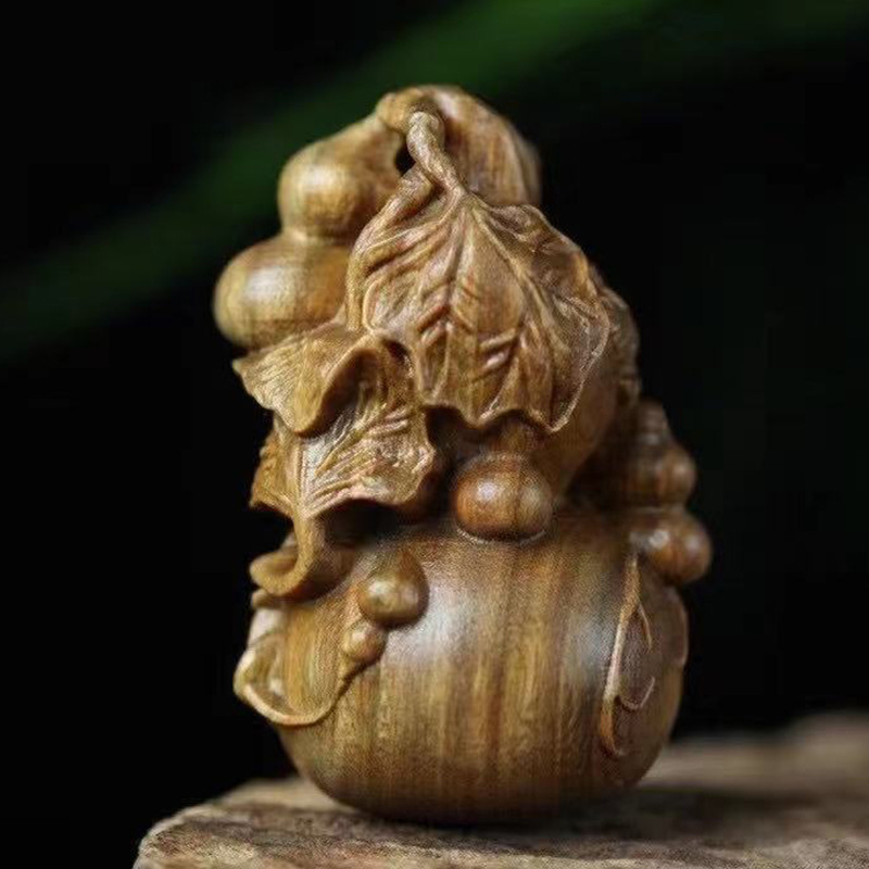 绿檀木雕多子多福手把件 福禄满堂葫芦福禄带藤装饰品摆件工艺品