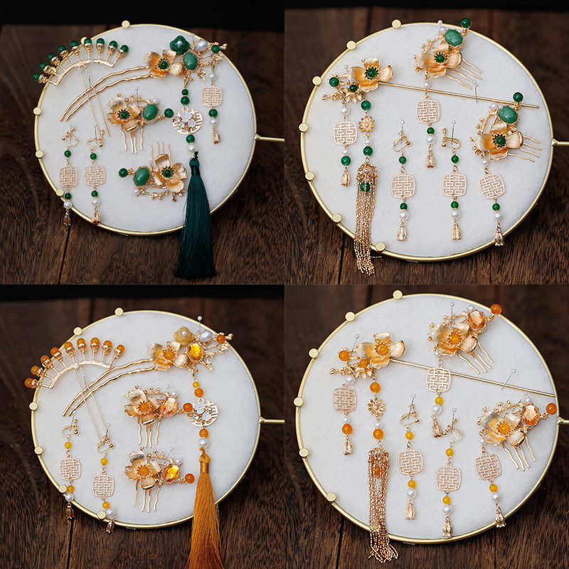 中式新娘晨袍秀禾发饰套装古典新款古风龙凤褂流苏发钗步摇配饰品