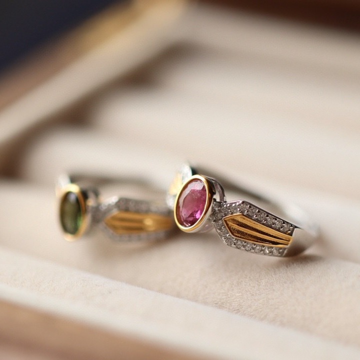 恒鼎盛饰品【925银 镶嵌天 然碧玺戒指 银电镀18k金 主石4*6mm