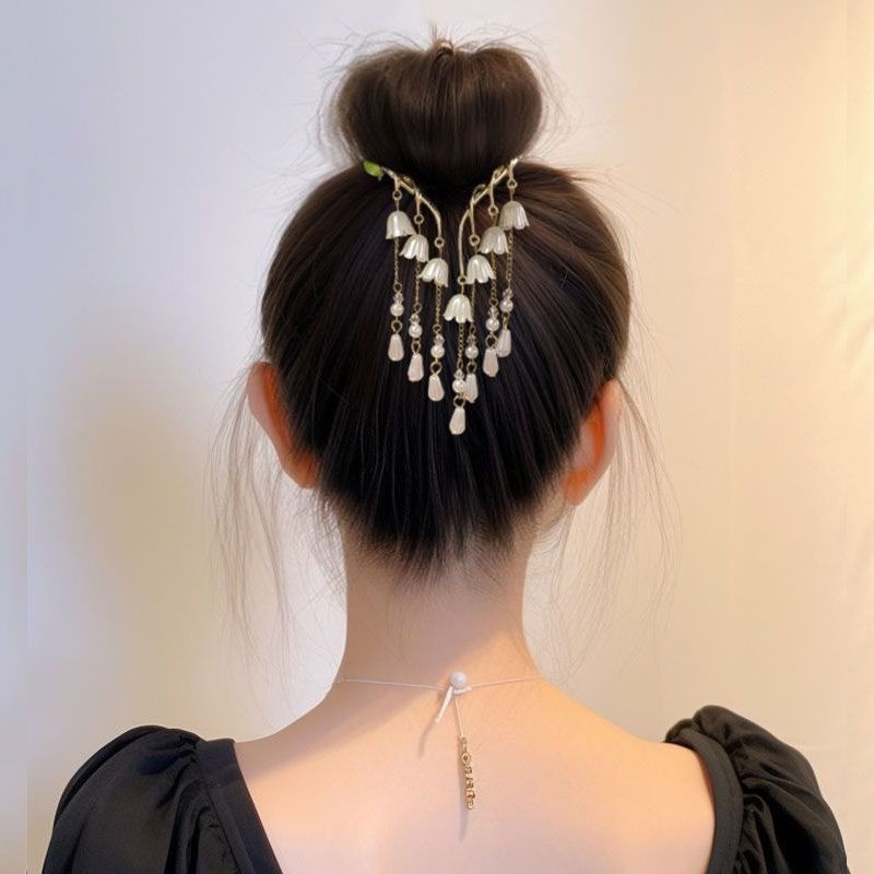 Antique Style Lily Tassel Hairpin Bun Fixed Grip Women's High Sense Hair Clip Temperament Half Tie Updo Hair Claw