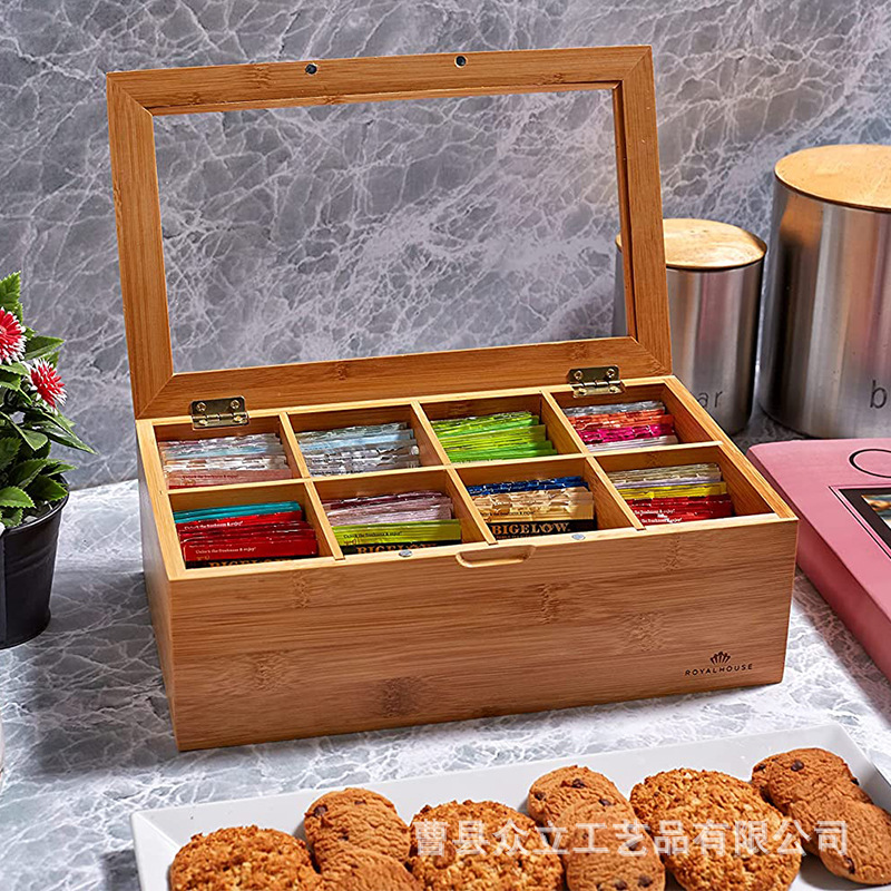 Tea Compartment Packaging Wooden Box Household Transparent Glass Tea Bag Storage Box Tea Wooden Packing Box Wooden Present Box