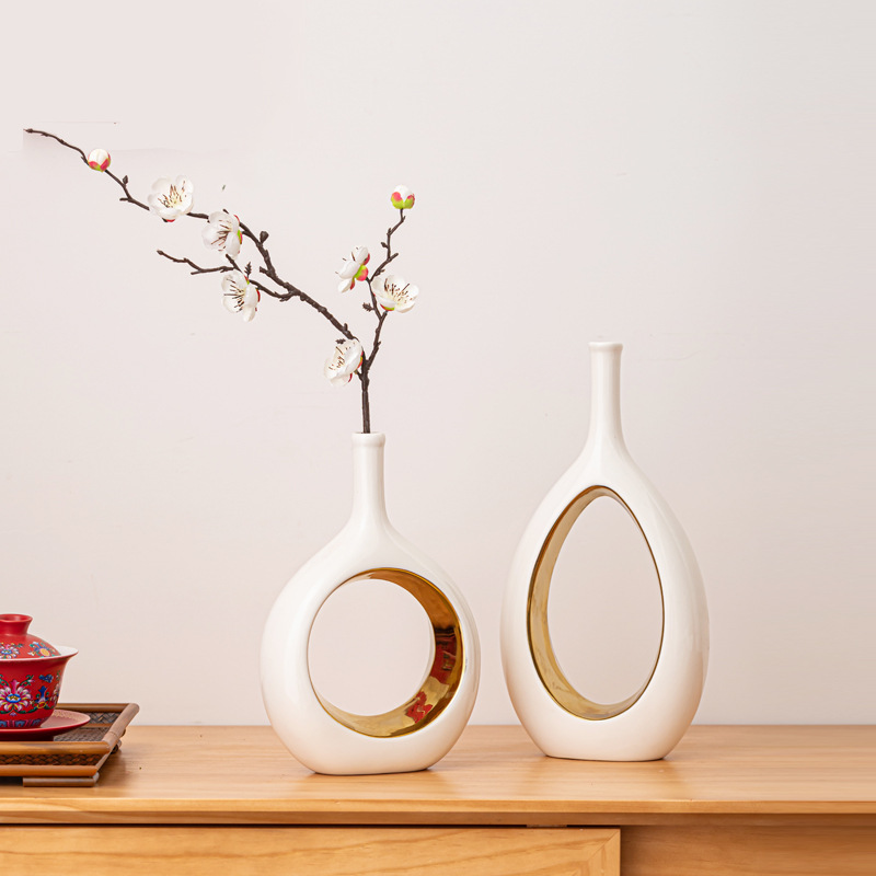 新款玉环镂空多色陶瓷花瓶婚庆礼品玄关桌面摆件组合新国风镀金