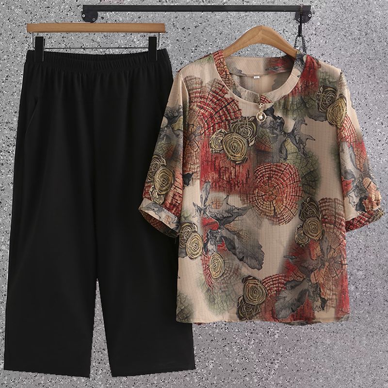 中老年加肥加大码宽松上衣女五十岁妈妈夏装冰麻丝t恤洋气套装