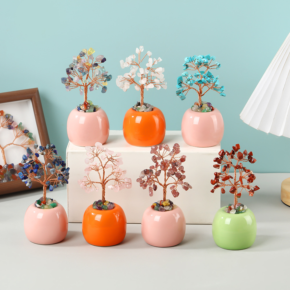 国潮天然水晶碎石发财树摆件家居乔迁送礼陶瓷底座摇钱树装饰品