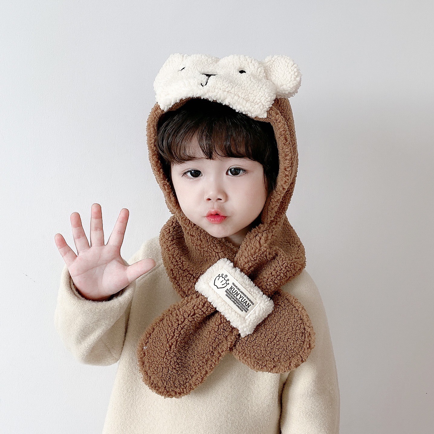 韩版儿童帽子围巾连体帽冬季保暖加绒男孩毛线帽可爱小熊宝宝帽子