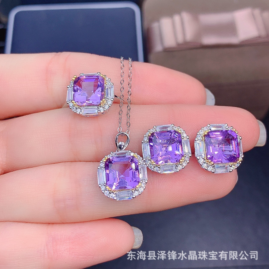 批发天然紫水晶套装s925纯银时尚轻奢设计主石8*8跨境一件代发