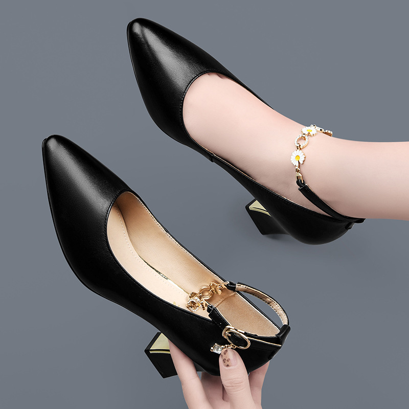 邻家天使真皮2024春秋尖头小雏菊皮鞋粗跟单鞋女士工作鞋9139-2