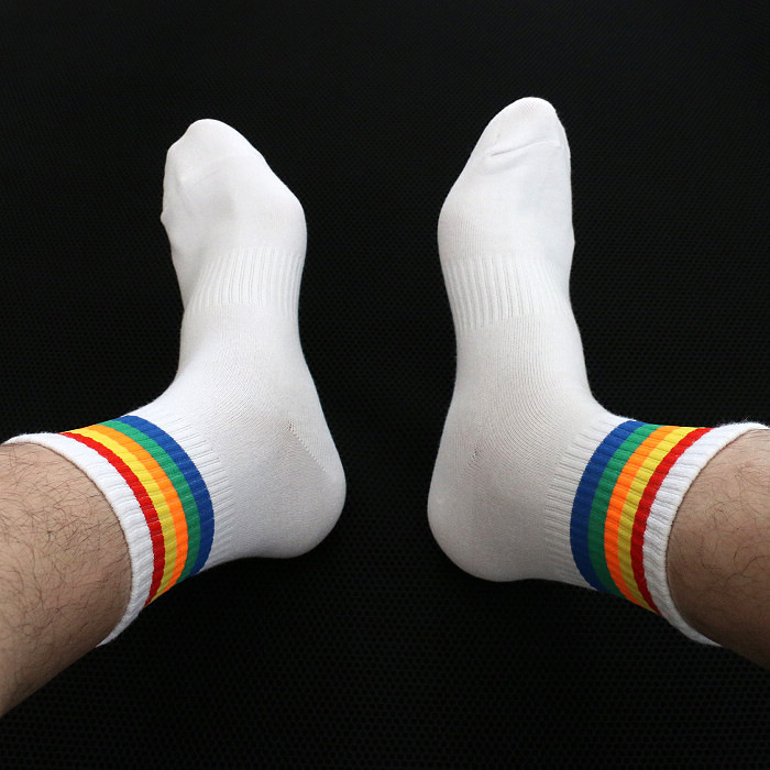 Fashion Casual Exercise Socks Spring, Summer and Autumn Thin Type Mid-Calf Rainbow Men's Socks College Style Socks