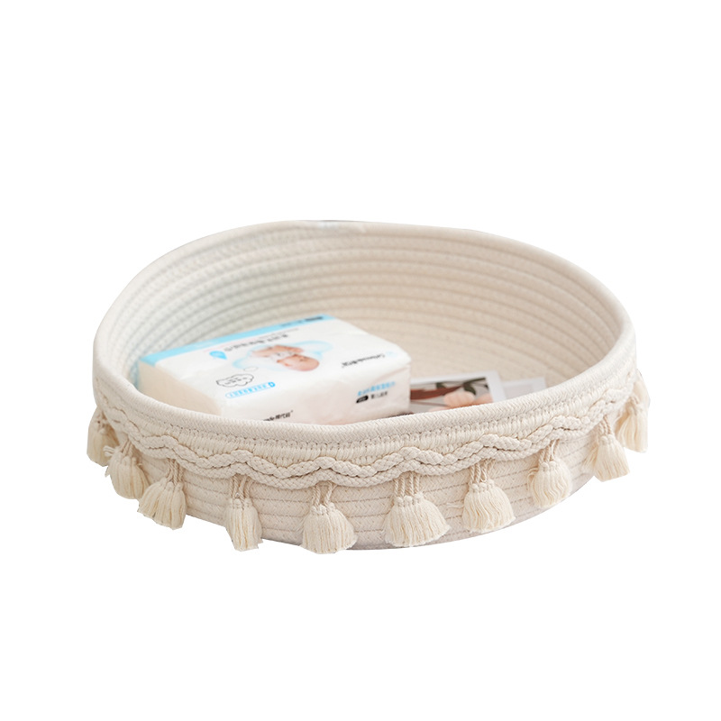 Round Ins Style Tassel Handmade Cotton String Woven Storage Basket Desktop Cosmetics Storage Basket