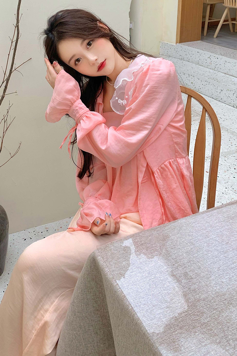 娃娃领雪纺衬衫女法式系带长袖开衫宽松衬衣薄款夏季粉色甜美上衣
