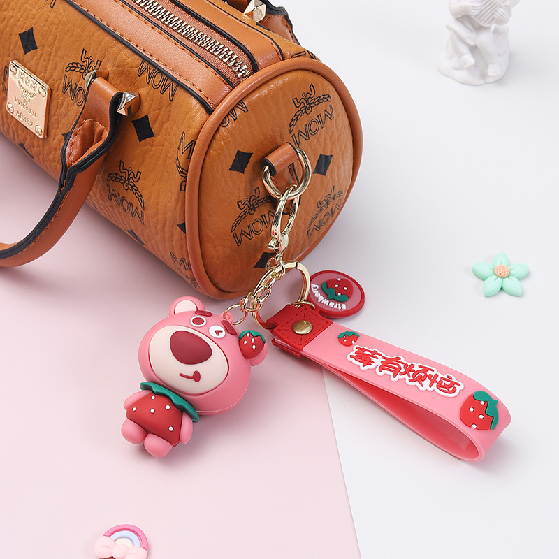 Creative Cartoon Fidget Cube Strawberry Bear Keychain Pendant Lovely Bag Key Ring Pendants Small Gift Wholesale