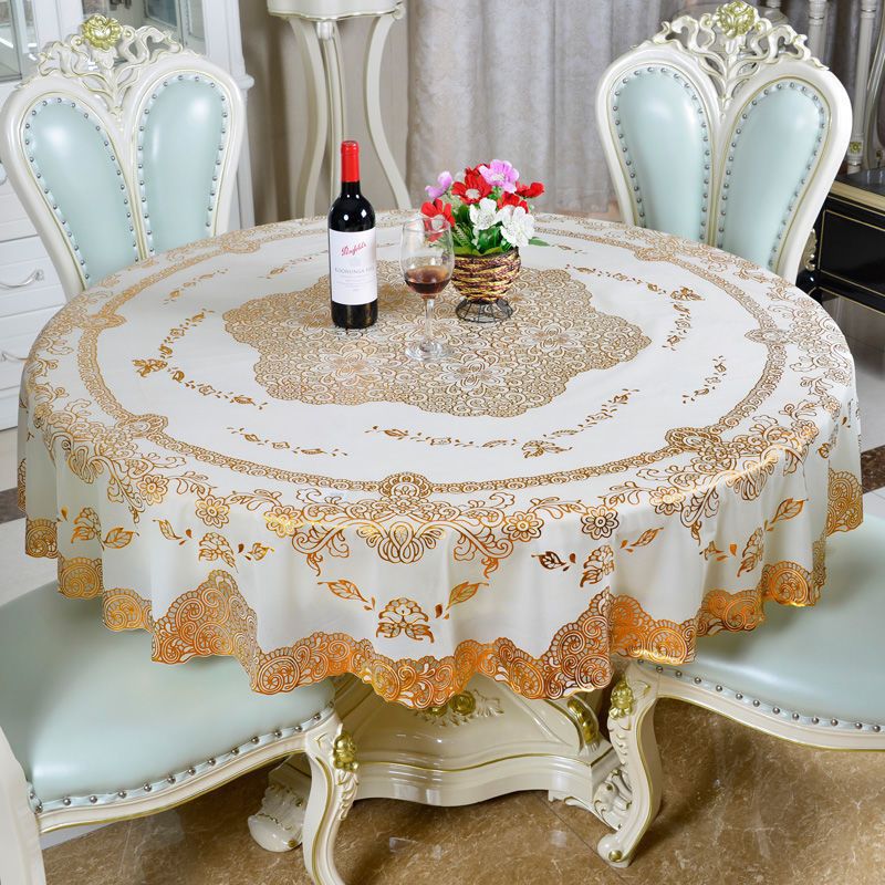圆桌桌布防水防油免洗高端加厚大圆桌蕾丝烫金pvc餐桌布欧式家用