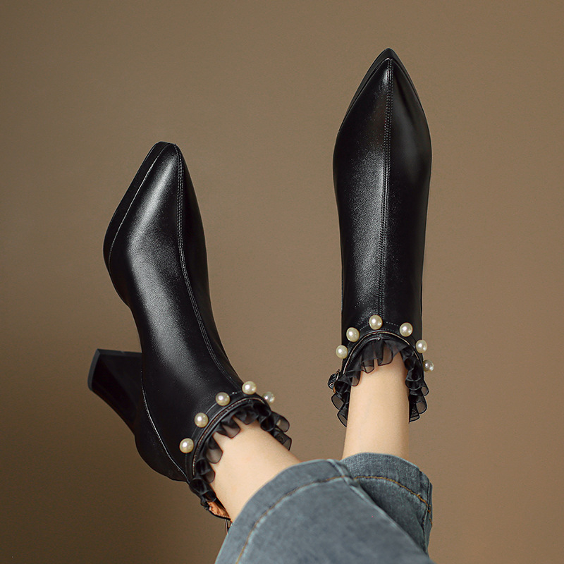 秋冬季水钻真皮防水台高跟短靴女粗跟2024新款时装女靴踝靴子10cm