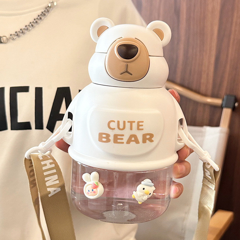 Bear Water Cup Cute Good-looking Summer Girls' Plastic Cup New Portable Children's Shoulder Strap Straw Cup