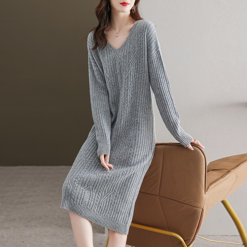 Autumn Winter Dress Female Long below the Knee Lazy Woolen Skirt 2023 Match with Coat Inner V-neck Knitted Base Skirt