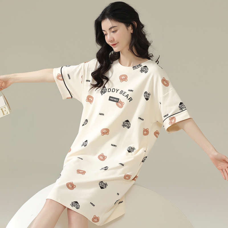 Women's Nightdress Summer Korean Style Tight Cotton Teenage Leisure Thin Short Sleeve Pajamas Summer Home Wear Factory Wholesale