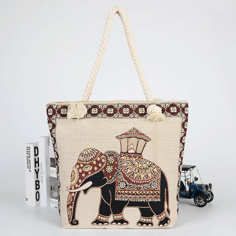 Double-Sided Ethnic Embroidery Thick Rope Bag Women's Live Embroidery Peacock Elephant Canvas Bag Large Capacity Stall Shoulder Bag