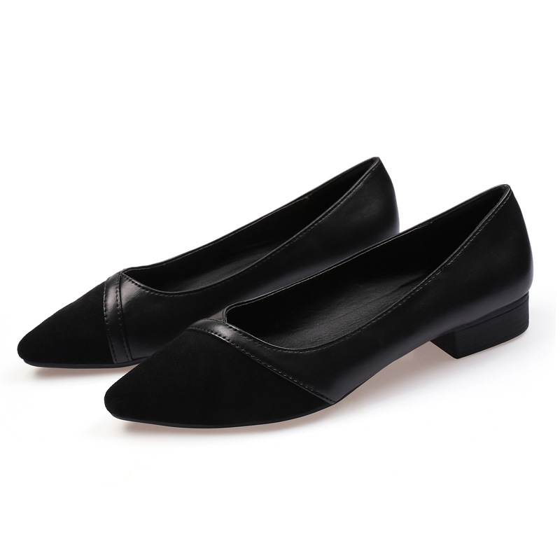 新款时尚单鞋女黑色百搭绒面尖头粗跟贵货复古牛筋底舒适工作鞋女